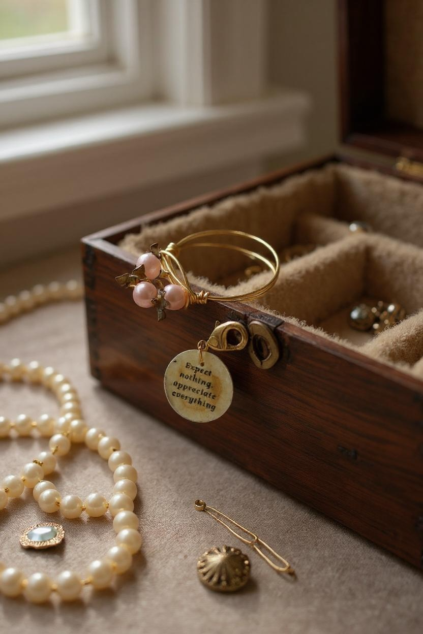 A delicate gold wire-wrapped ring with pink pearls sits on an open wooden jewellery box against a soft vintage background.