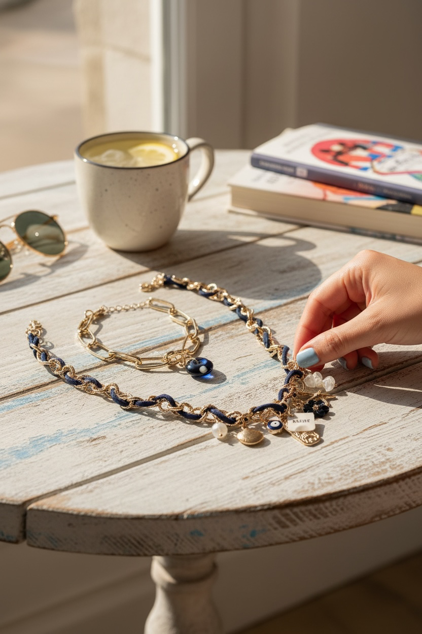 A gold-toned chain necklace and matching bracelet with dark blue beads and pearl-like accents are arranged on a rustic white wooden table. A hand with blue nail polish is touching the necklace, with a mug, sunglasses, and a book in the background.