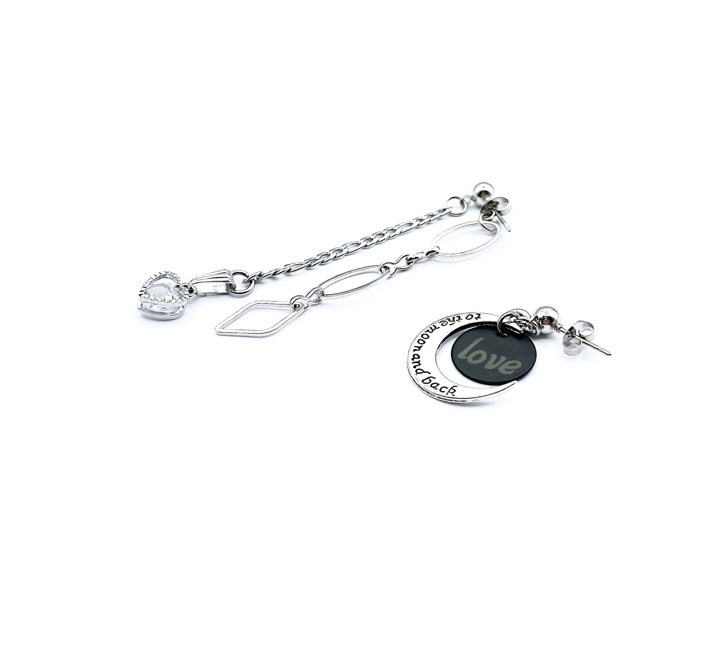 'Love Is...To The Moon And Back' Mismatched Earrings - Silver