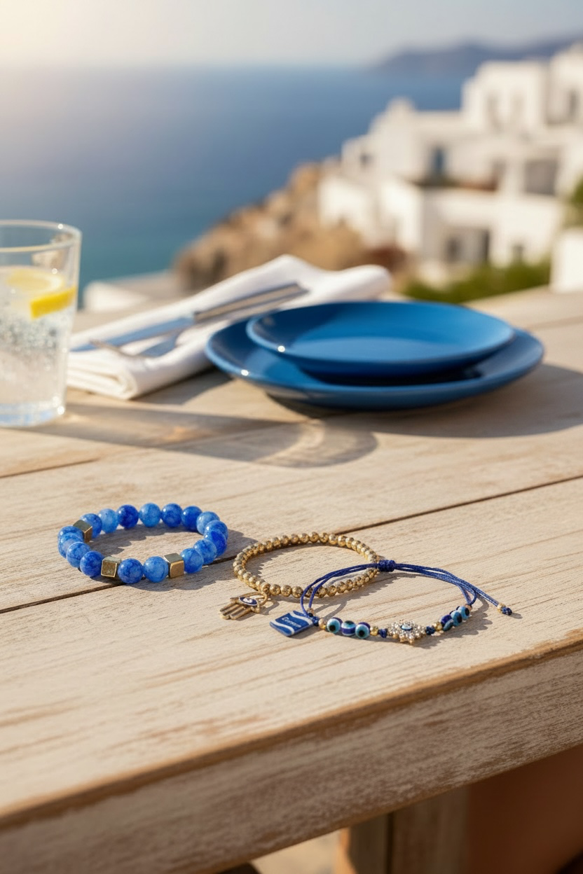 Blue and gold beaded bracelets displayed on a wooden table outdoors, with a glass of water, blue plates, and a blurred Mediterranean coastal background with white buildings.