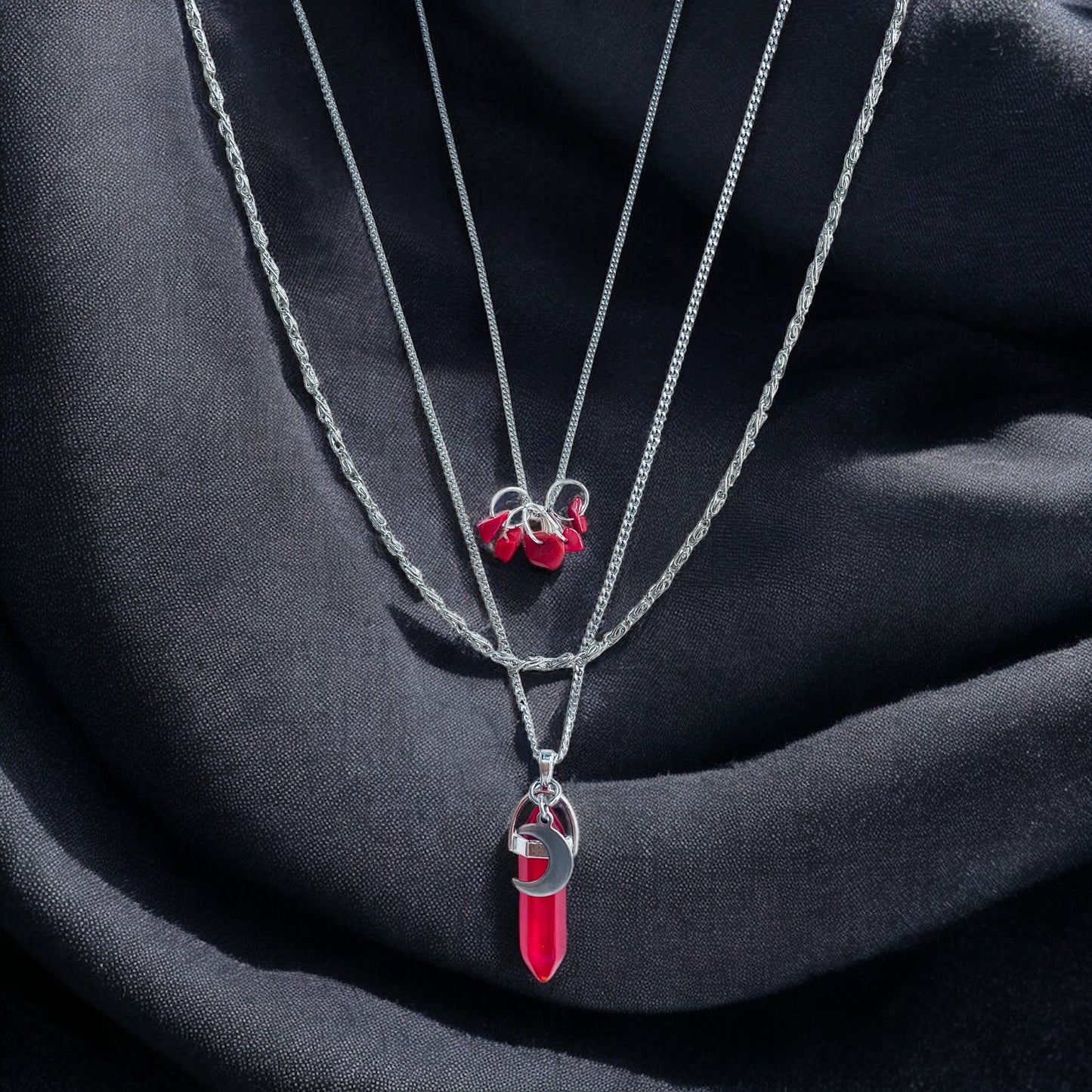 'Devotion' Necklace Set With Andara Crystal and Red Coral - Silver