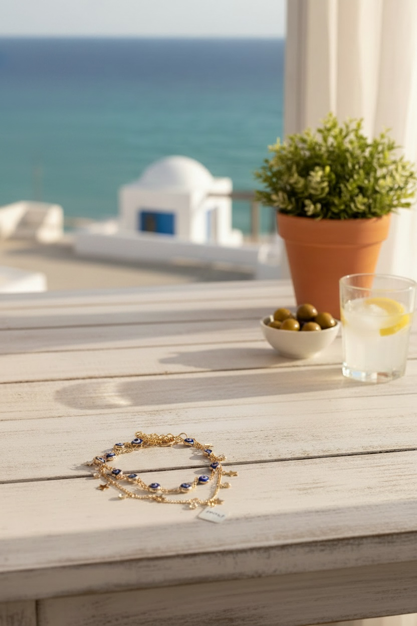 Two delicate gold-toned chain anklets with blue and white beads and charms lies on a white wooden table in front of a sunny outdoor setting with the sea and white buildings in the background.