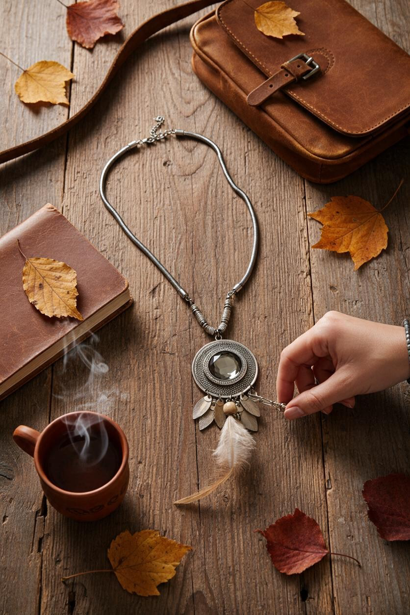A silver-toned bohemian-style pendant necklace with feathers and a circular centrepiece is displayed on a rustic wooden table. A hand is holding the pendant's chain.
