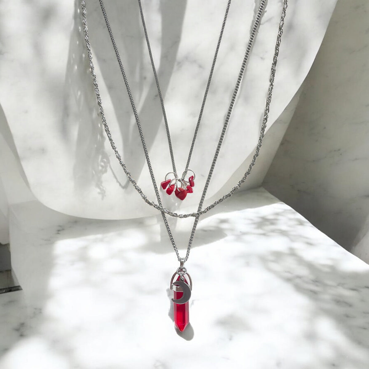Devotion Necklace Set with Andara Crystal and Red Coral - Silver