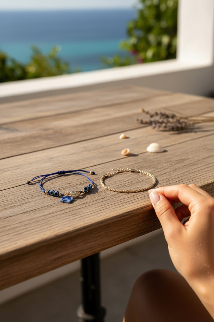Two beaded anklets, one navy blue and one gold, displayed on a wooden table with seashells and dried lavender, with a person's hand resting nearby and an ocean view in the background.