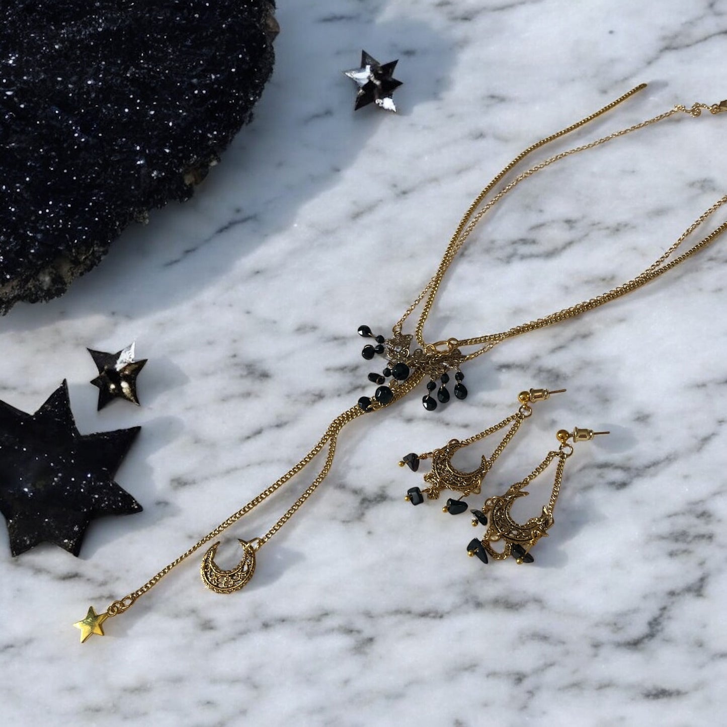 'Veil' Necklace Set With Agate - Gold