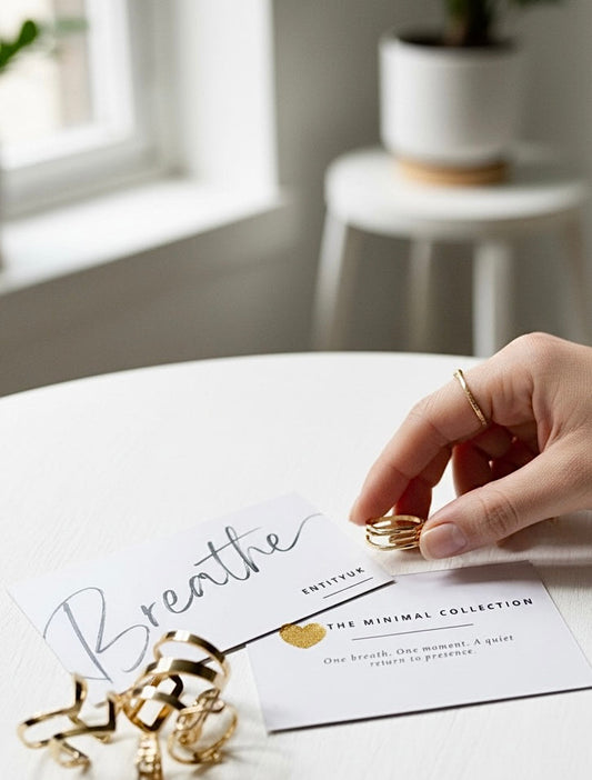 Woman's hand holding a gold ring on a white table with affirmation cards, gold jewellery and calming houseplants, representing mindful rest and intentional living.