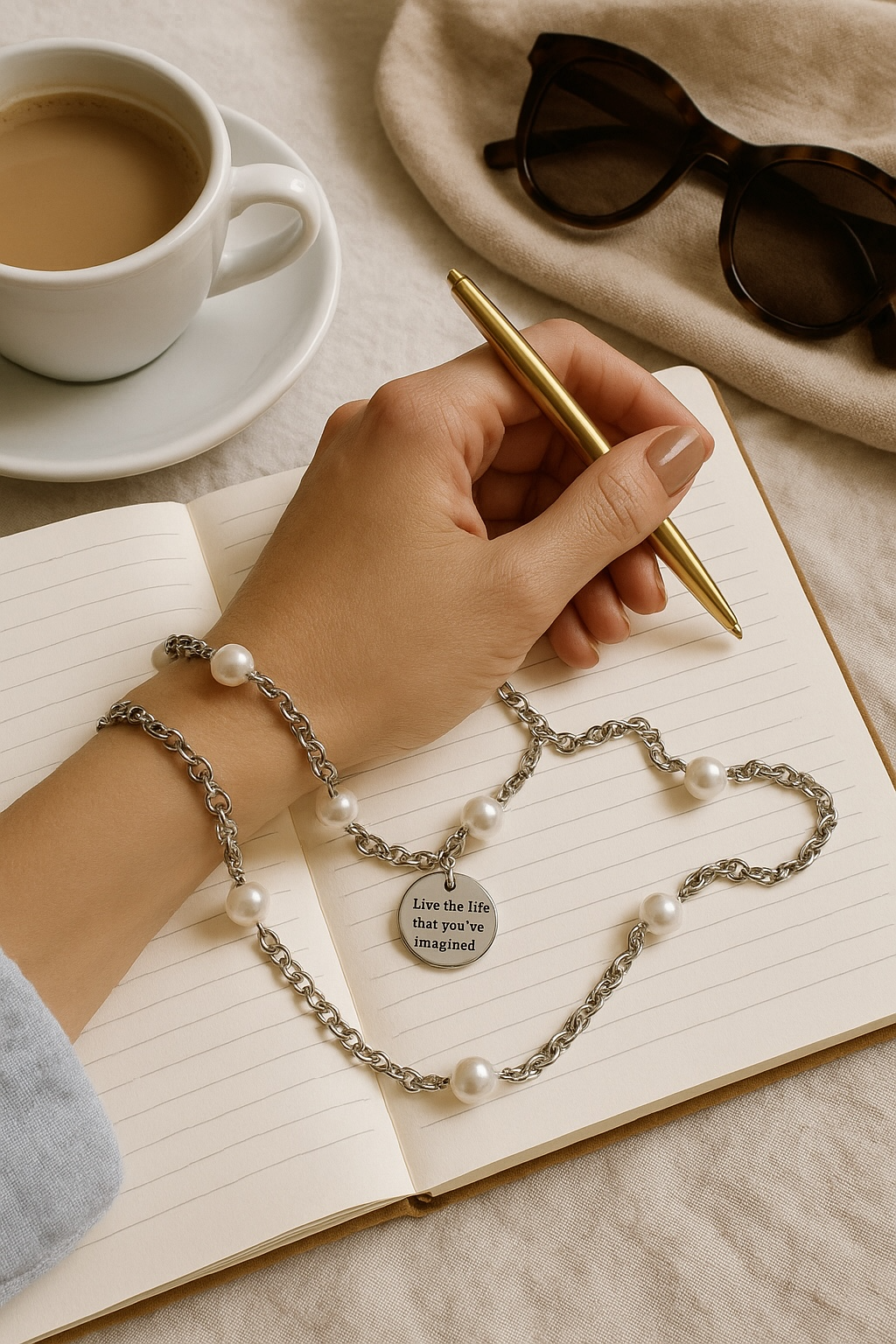 A hand holding a pen, poised to write in an open notebook. A necklace drapes over the wrist, featuring a charm that reads: 'Live the life you've always imagined'