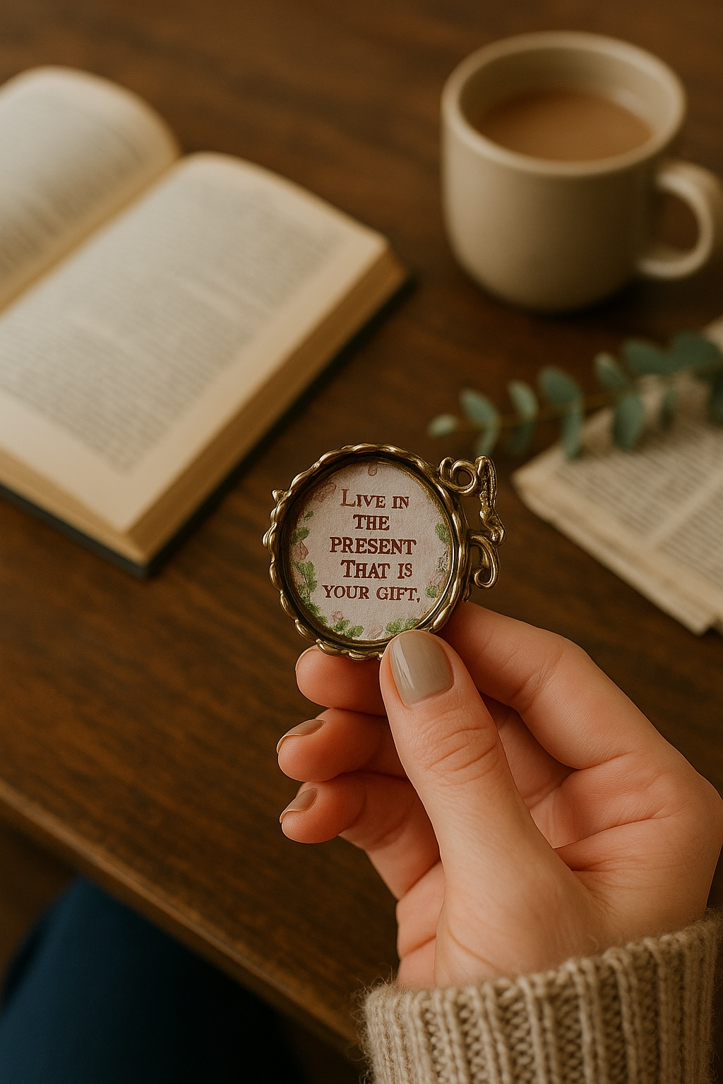 A hand holding an antique bronze filigree ring, with the words 'Live in the present. That is your gift' visible inside the ring. In the background, a wooden table holds an open book and a cup of coffee.