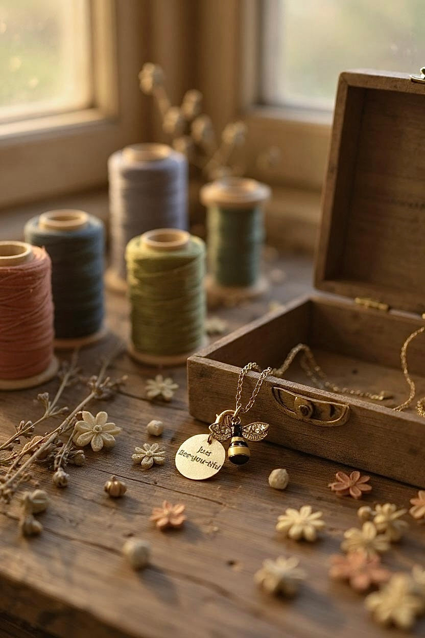 A gold bee necklace draped inside an open box, with a charm tag that reads 'Just bee-you-tiful.' The box rests on a rustic table, with spools of cotton blurred in the background.