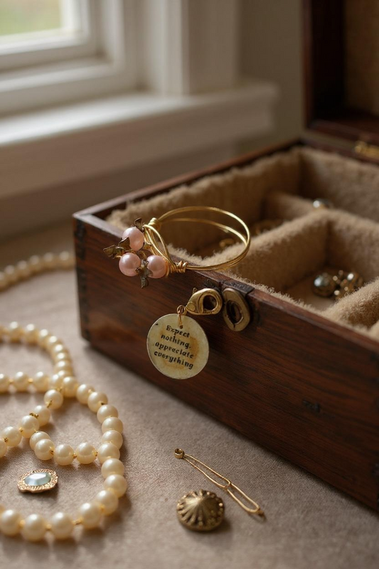 A delicate gold wire-wrapped ring with pink pearls sits on an open wooden jewellery box against a soft vintage background.