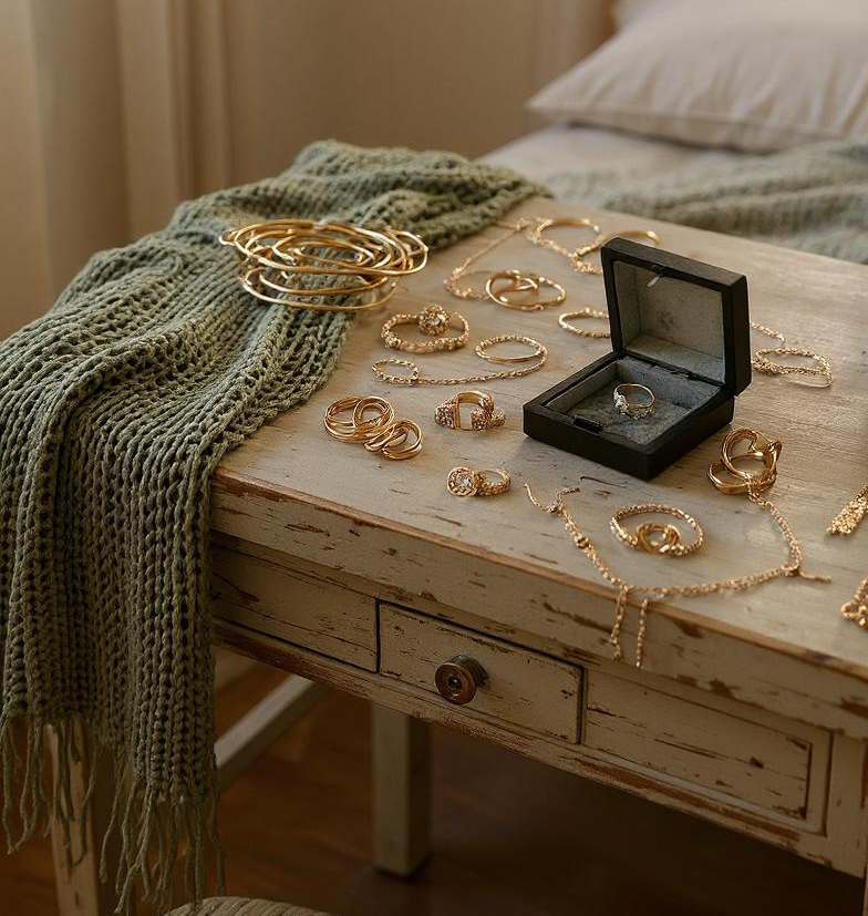Gold and silver jewellery scattered on a distressed table with a green scarf and a decorative box as the centrepiece, in a bedroom setting.