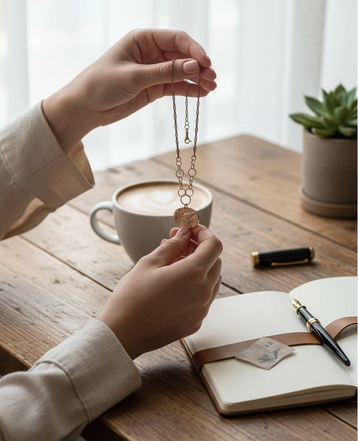 Person holding a necklace over a cup of coffee on a wooden table with a notebook and pen.
