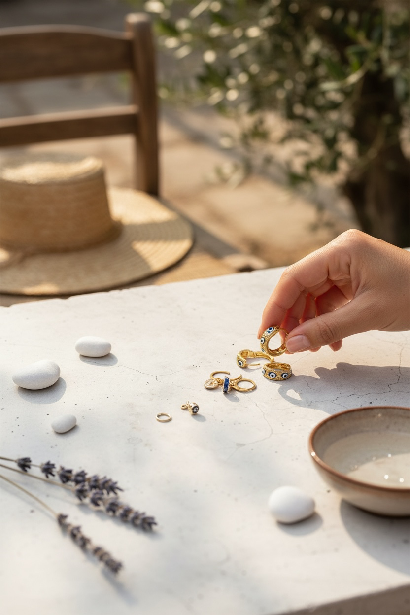 A close-up of a hand holding a gold earring with evil eye detailing, with other matching earrings scattered on a light stone table outdoors. A straw hat, lavender sprigs, and a small bowl are also visible in the scene.
