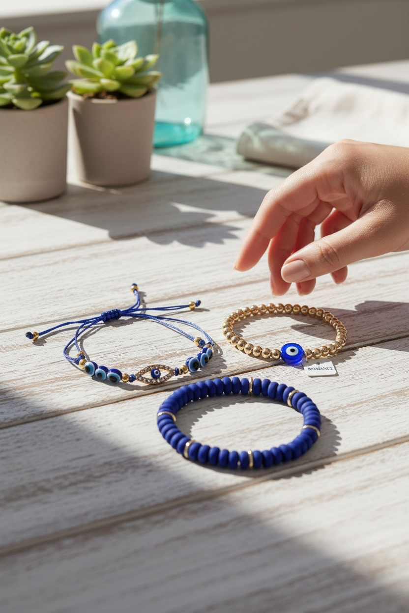Three beaded bracelets displayed on a light wooden table with a person's hand reaching toward them. The bracelets include a royal blue beaded bracelet, a gold beaded bracelet with a blue evil eye charm, and a blue cord bracelet with blue beads.