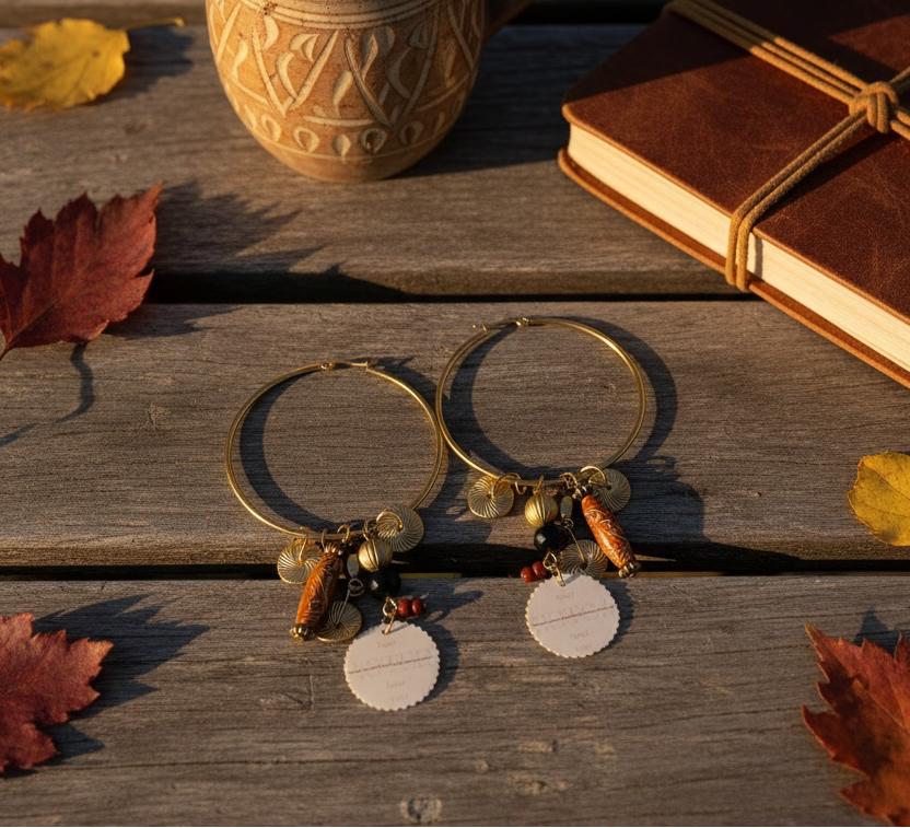 A pair of gold-toned hoop earrings with dangling round silver discs and small copper-toned beads are displayed on a weathered wooden table outdoors, surrounded by autumn leaves, with a ceramic mug and a brown notebook nearby.