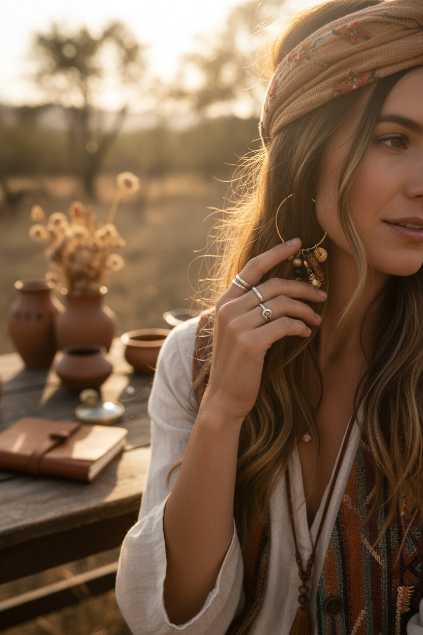 A woman in a bohemian-style outfit wearing a tan patterned headwrap and layered jewelry, including a large gold-toned hoop earring and rings, posing outdoors at sunset next to a rustic table with dried flowers and clay pots.
