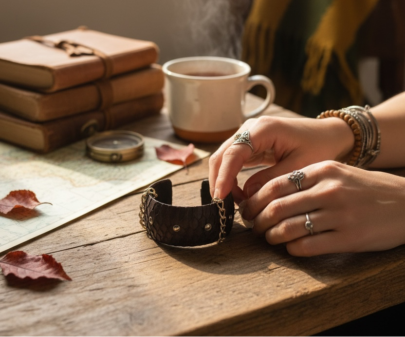 A person's hands touching a wide, dark brown leather cuff bracelet with gold-toned chains, sitting at a rustic wooden table with a steaming mug, vintage books, and a yellow-green striped scarf in the background.