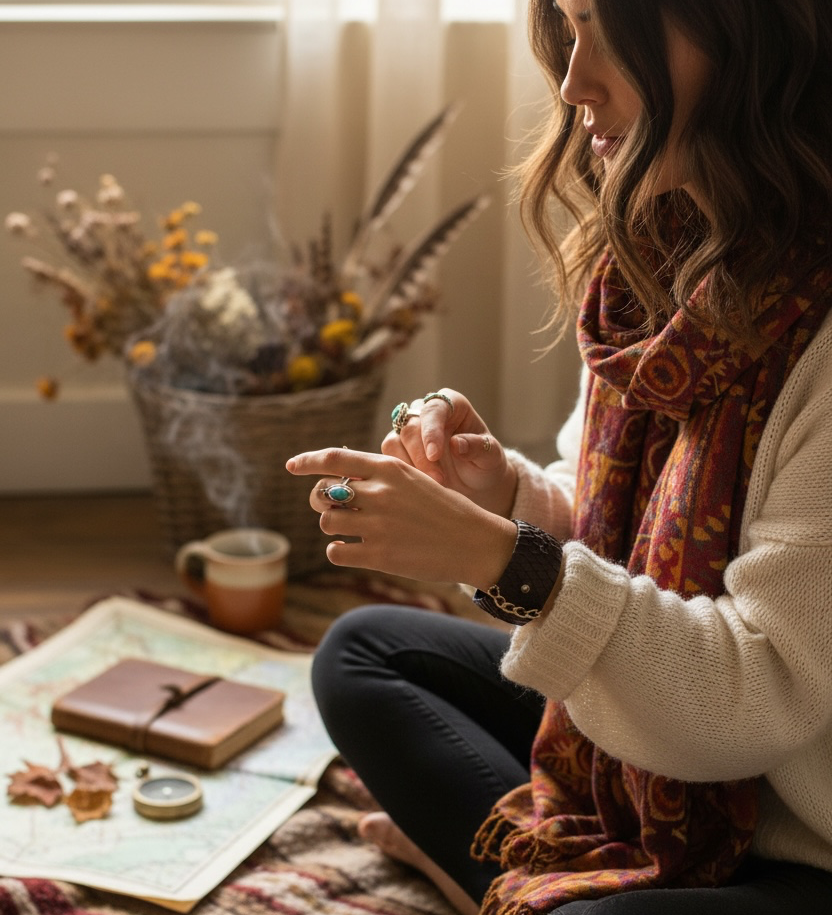 A woman sits cross-legged on a striped blanket in a cosy room, wearing a cream knit sweater, a rust-orange patterned scarf, and a variety of jewellery pieces. She is sitting next to a notebook, dried flowers, and there is a cup nearby.