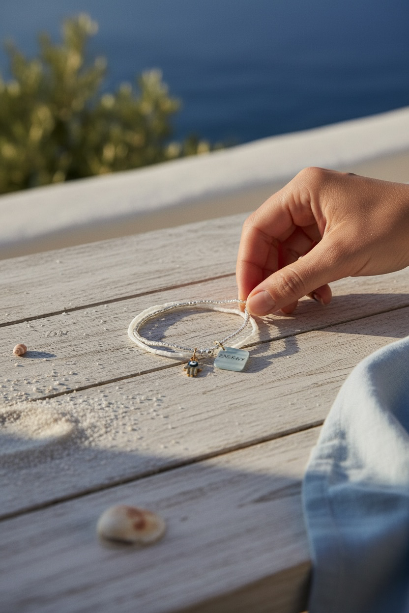 A delicate white beaded bracelet with a small tag charm and gold Hamsa hand charm, held by a person's hand on a weathered wooden table with a beach and sea background.