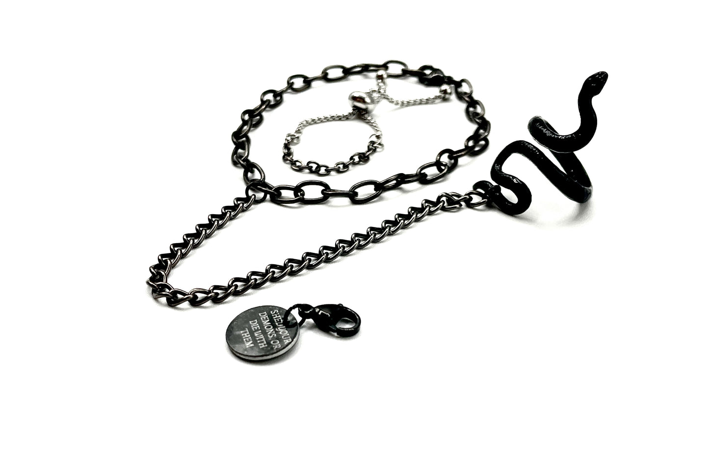 'Demons' Bracelet + Ring Set - Black/Silver