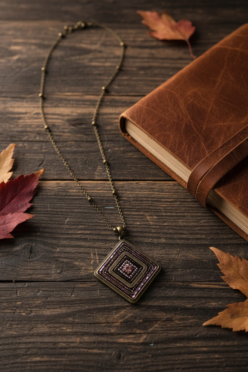 A geometric pendant necklace with a bronze-toned frame and concentric dark purple and pink inlay, resting on a dark rustic wooden table next to a brown leather journal and autumn leaves.