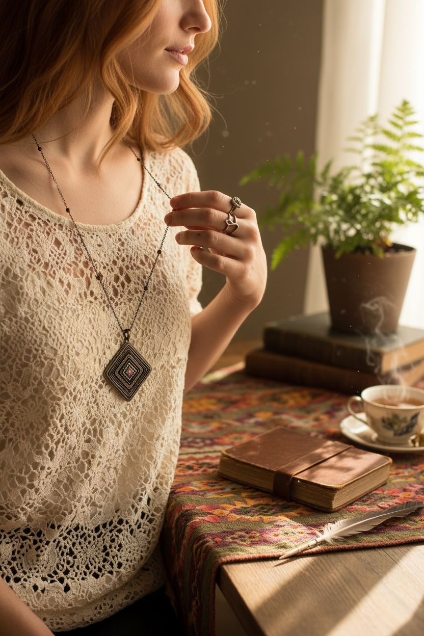 A woman in a cream lace top wears a dark geometric pendant necklace with a small colourful seed bead accents, posed next to a table with a book, cup, and plant in a warm, sunlit setting.