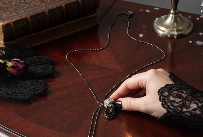 A gothic-style black horseshoe pendant necklace on a dark chain, held by a hand wearing a black lace sleeve, set on a dark wooden table with vintage books and a candlestick.