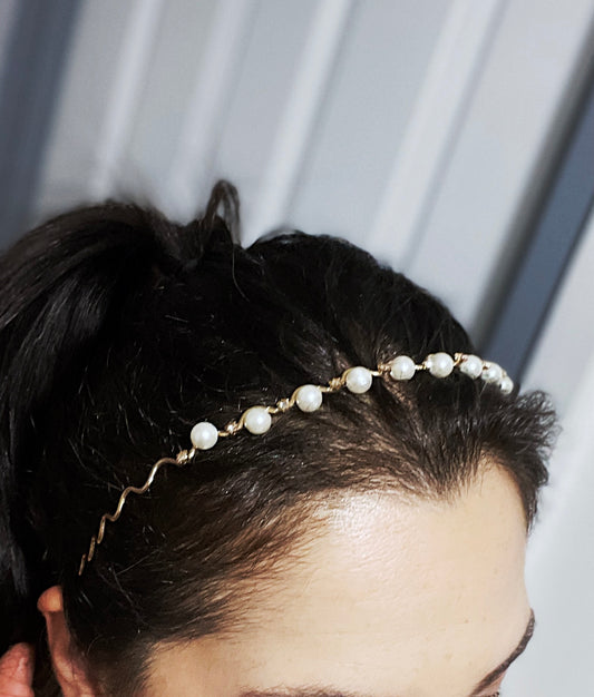 'Flow' Pearl and CZ Hairband - Gold