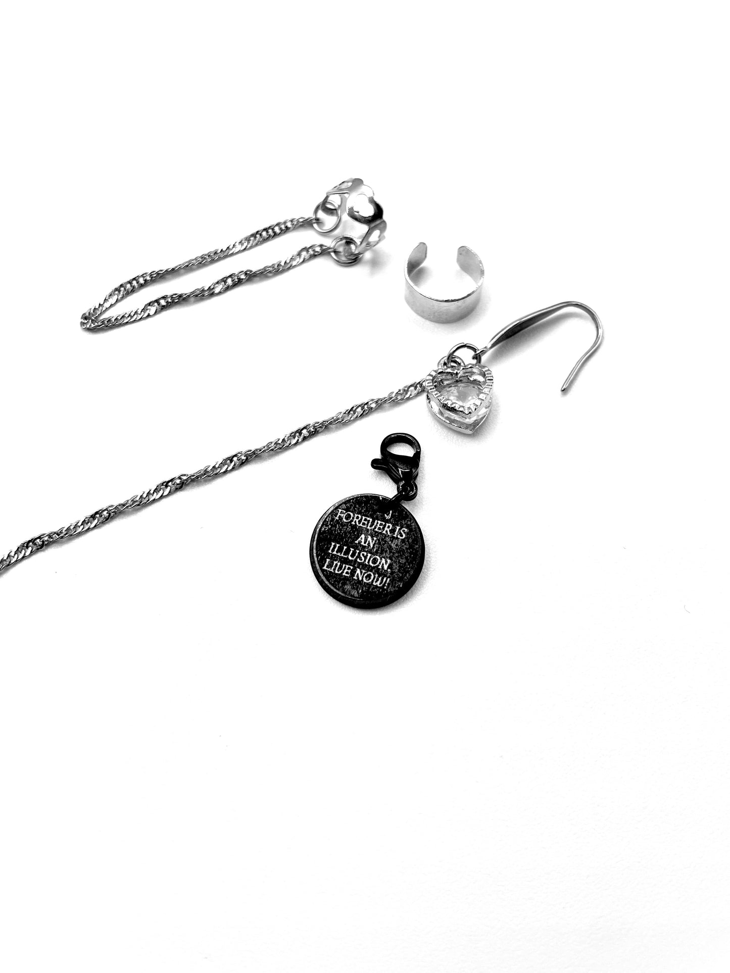 'Illusion' CZ Single Earring And Ear Cuff Set -Silver