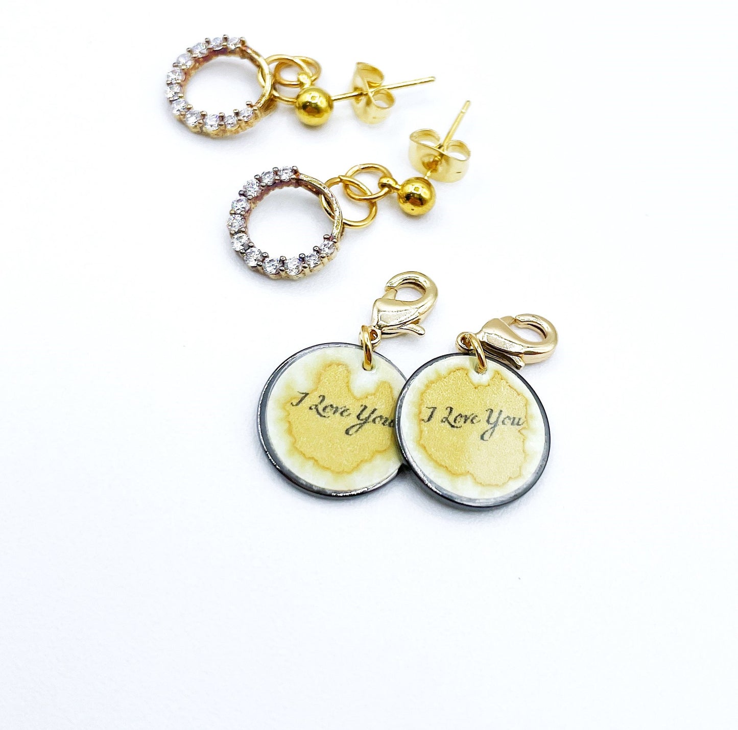 'I Love You' Earrings With CZ Crystals - Gold