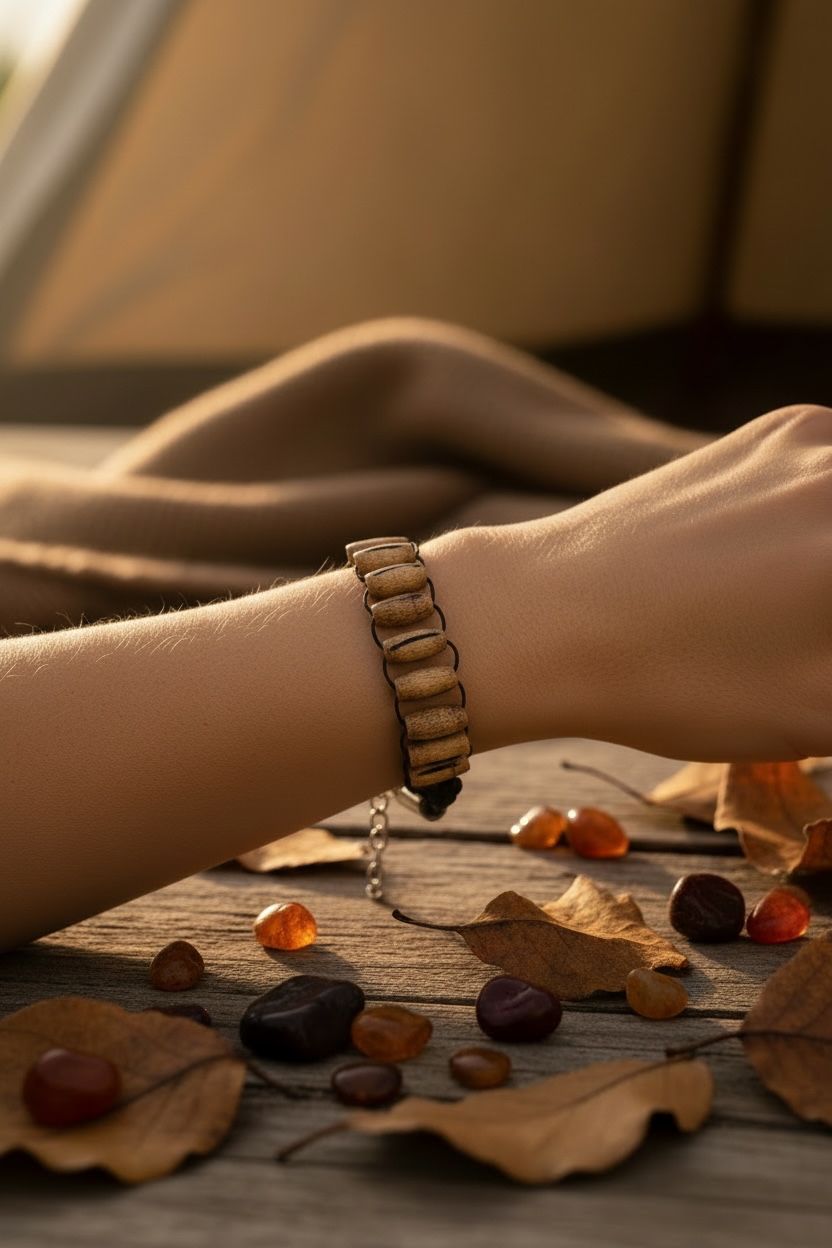 A close-up of a person's wrist wearing a handmade beaded bracelet made of light brown wooden beads on a black cord. The scene is set on a rustic wooden surface scattered with dried leaves and polished stones, with a warm, soft-focus background.