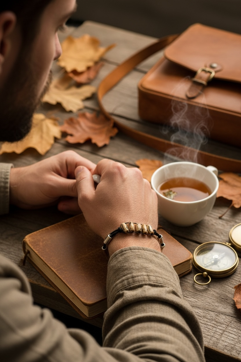 A close-up lifestyle shot of a man's hands resting on a leather journal and wearing a beaded bracelet, with a steaming cup of tea nearby, autumn leaves on a rustic wooden table, and a brown leather bag in the background.