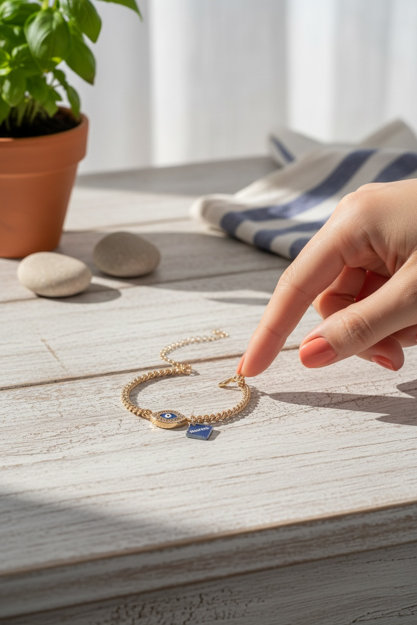 A gold chain anklet with a small gold and blue stone charm is displayed on a light wooden table, with a person's hand pointing at it. A potted plant and a striped cloth are in the background.