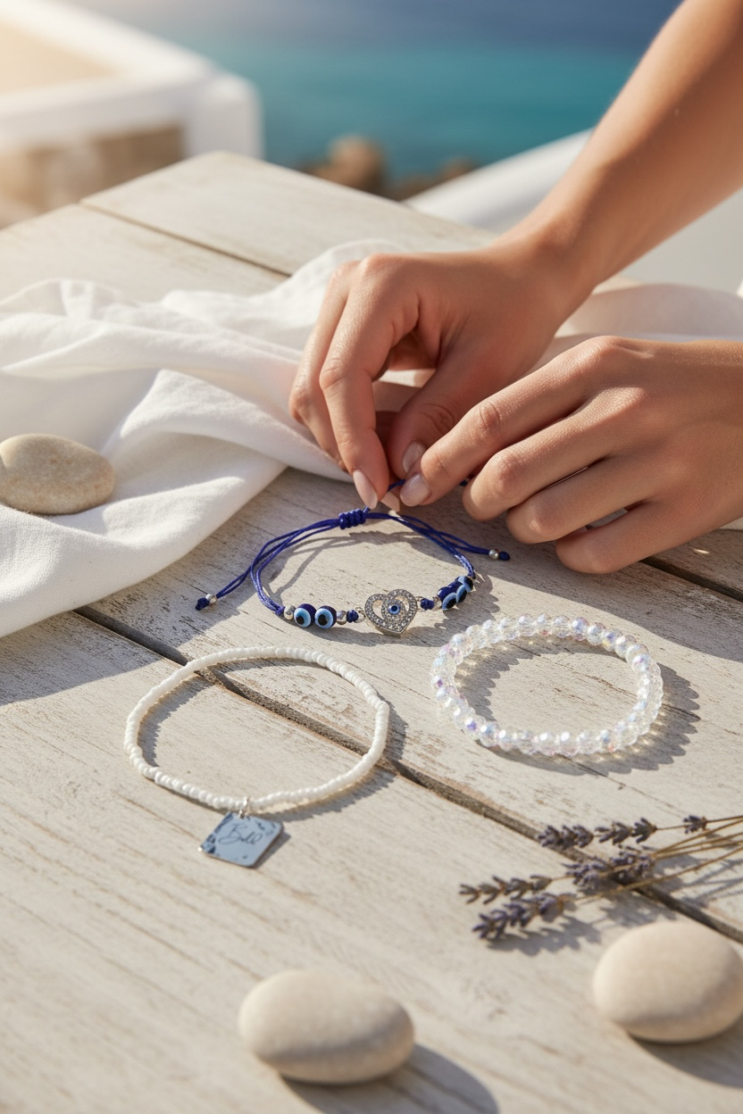 Three handmade bracelets displayed on a light wooden table with a person's hands adjusting one blue cord bracelet. The bracelets include a white beaded one with a silver tag, a white pearl-stranded one, and a blue cord one with evil eye beads.