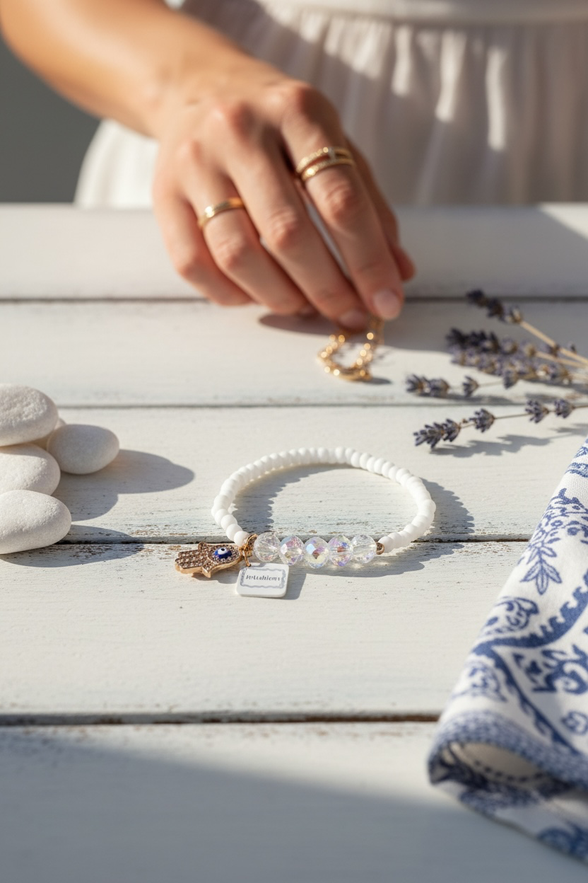 A white beaded bracelet with a gold-toned charm and a small white tag, styled on a white wooden table with a person's hand reaching toward it, alongside white stones, dried lavender, and a blue-and-white patterned cloth.