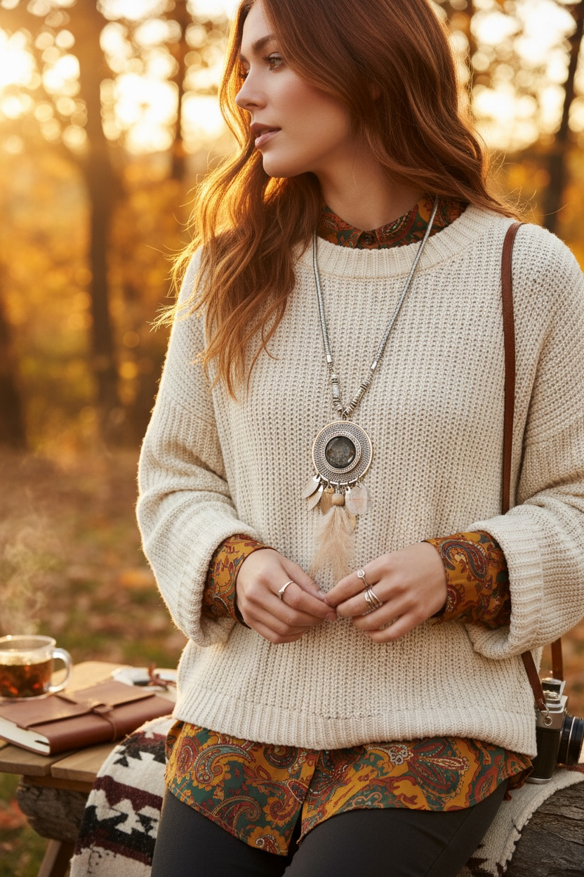 A woman wearing a cream-colored chunky knit sweater over a patterned blouse, and a chunky bohemian style necklace, standing outdoors in a sunlit forest setting.