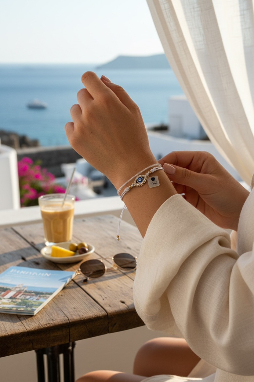 A person in a cream-coloured robe adjusts a delicate set of bracelets with small gold, white, and blue charms on their wrist, set against a scenic Mediterranean background with a wooden table, coffee, and a view of the sea.