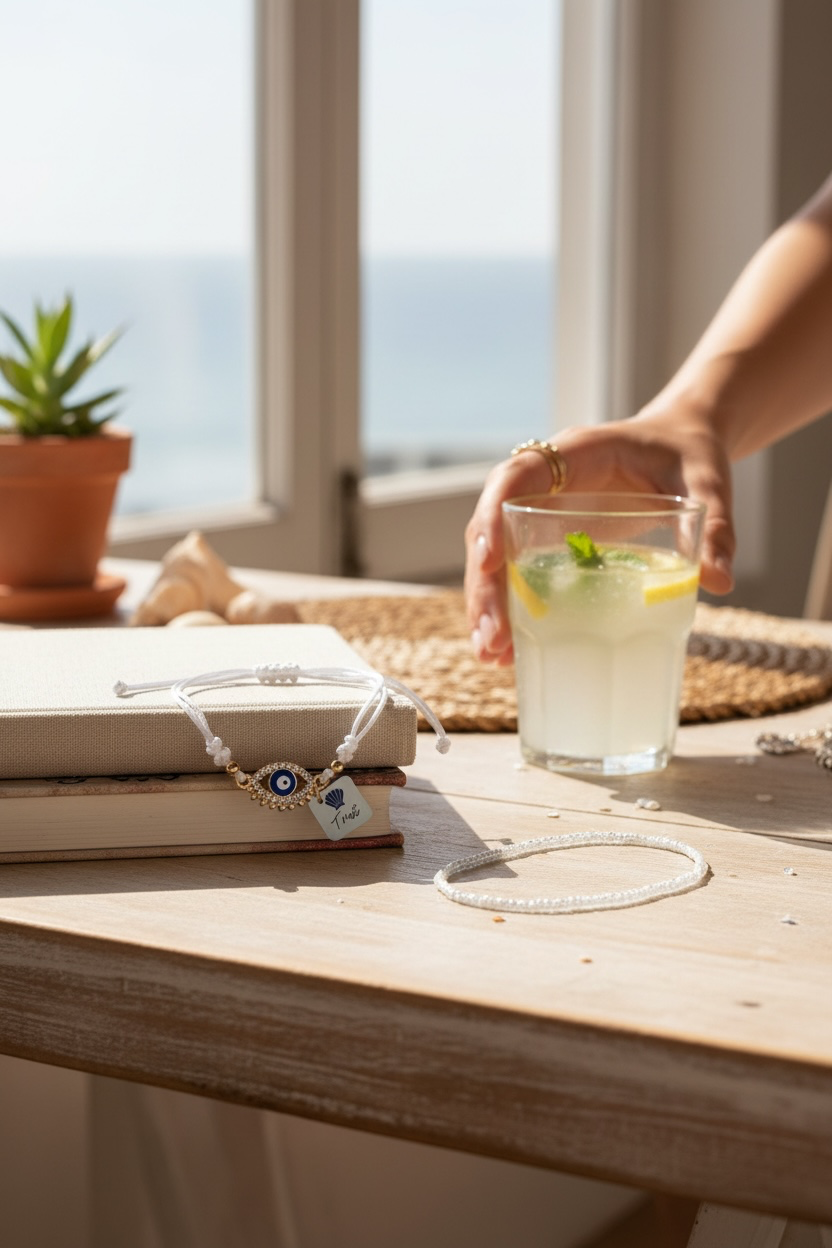 A close-up lifestyle shot of a person's hand holding a glass of lemonade on a wooden table, with a white cord bracelet featuring a blue and gold evil eye charm resting on a stack of books nearby, and another plain beaded bracelet laying next to it on the tabletop. 