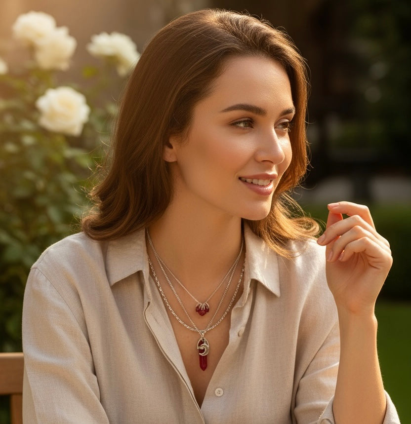 Devotion Necklace Set with Andara Crystal and Red Coral - Silver