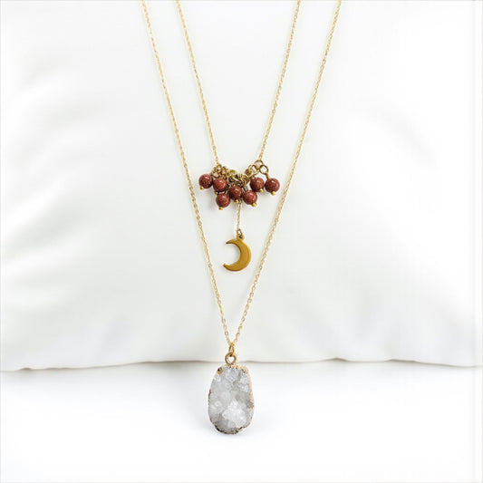 Shadow Necklace Set with Quartz and Goldstone - Gold