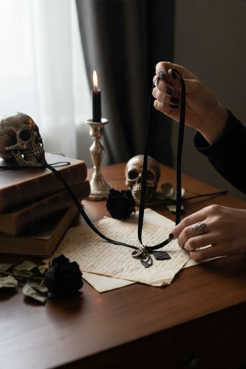 A person holds a black ribbon necklace with a dark gothic pendant over an antique desk decorated with old books, a skull, dried roses, and a burning candle.
