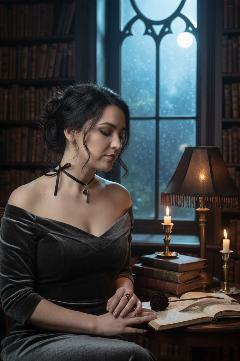 A woman in a dark off-the-shoulder velvet dress sits at a wooden table in a dimly lit study, wearing a tie-up satin pendant necklace, and looking down at an open book. A lit table lamp, candles, and a window with a full moon are visible in the background, surrounded by bookshelves.
