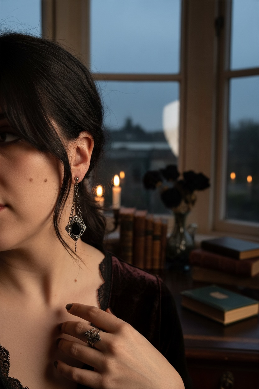 A woman in a dark room by a window wearing a long ornate silver-toned dangle earring with a black centre and a silver ring on her finger.