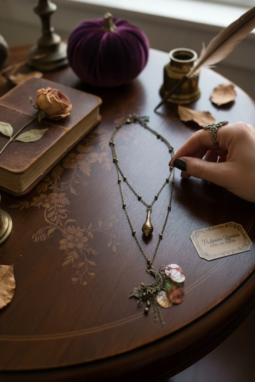 A layered bronze necklace adorned with intricate pendants and charms, displayed on a rustic wooden table, with a hand featuring black nail polish gently touching the jewellery. Styled with a vintage book, a purple velvet pumpkin, a cream rose, scattered petals and a feather quill beside an old-fashioned ink pot. A card reading 'Victorian Reverie Collection' completes the atmospheric, gothic-inspired composition.