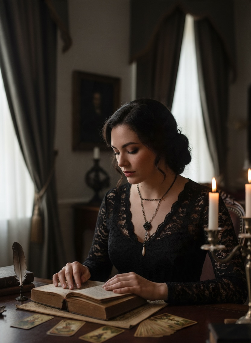 A woman in a black lace dress sits at a wooden table reading an open book, wearing a lariat-style gunmetal chain necklace with pendants, and surrounded by candles, cards, and a feather quill in a dimly lit room. 