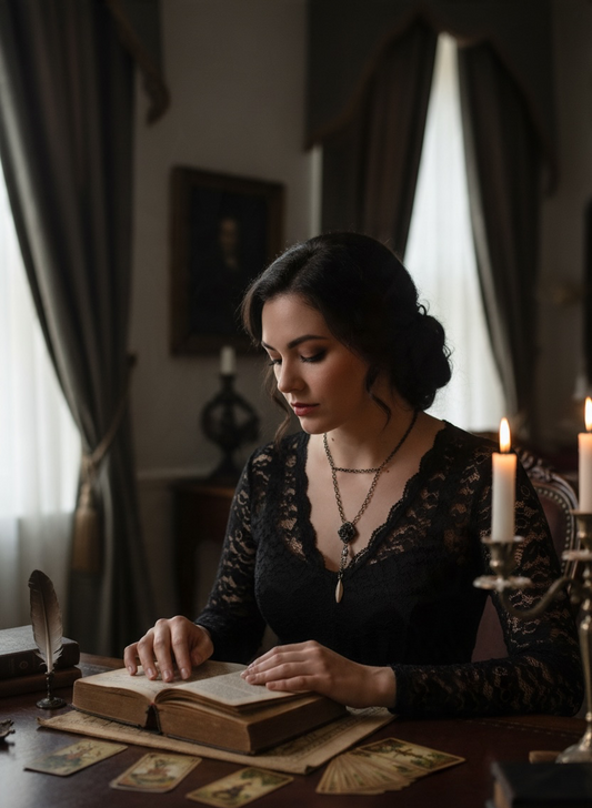 A woman in a black lace dress sits at a wooden table reading an open book, wearing a lariat-style gunmetal chain necklace with pendants, and surrounded by candles, cards, and a feather quill in a dimly lit room. 