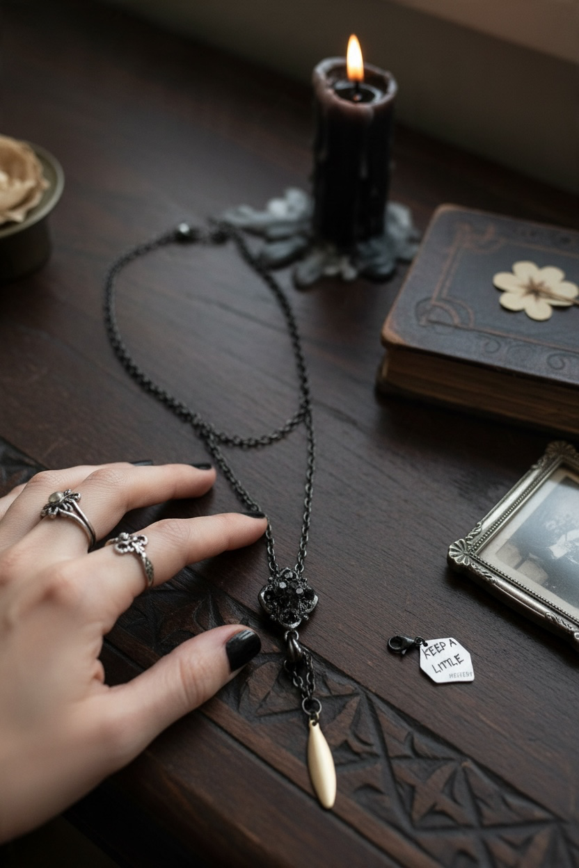 A gothic-style black metal pendant necklace with a gold-coloured teardrop charm is displayed on a dark wooden table next to a hand wearing silver rings, with a burning candle, old book, and picture frame in the background.