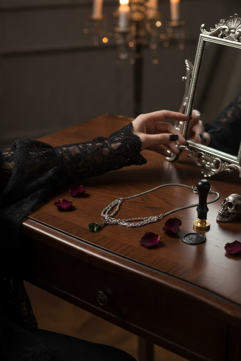 A silver-toned chain crystal pendant necklace  is laying on a wooden tabletop. Photographed next to the necklace is a lady's hand dressed in black lace, touching an ornate silver Victorian style mirror. The background aesthetic is dark romantic gothic.