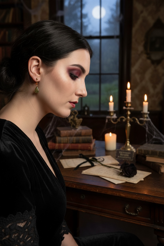 A woman in a black velvet gothic dress wearing teardrop style earrings sits at a wooden desk with candles, old books, and a black rose in a dimly lit room.